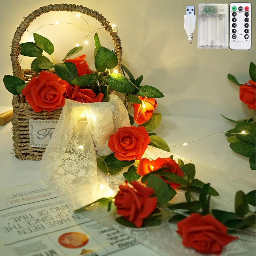 Rose String Lights Battery Powered or USB Powered with Remote Control, Rose Fairy Lights Waterproof for Bedroom, Christmas, Festivals, Wedding, Party, Valentine's Day (Red, 3.3)