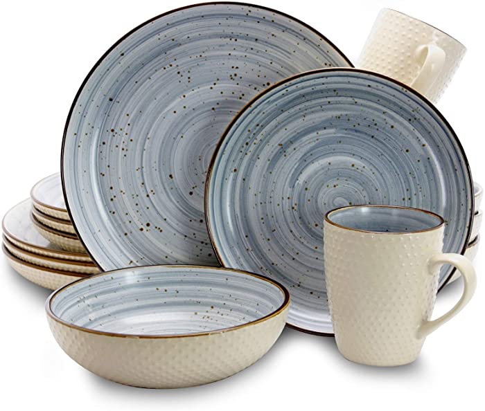 Elama Round Stoneware Luxurious Mellow Dinnerware Dish Set, 16 Piece, Speckle Powder Blue and White