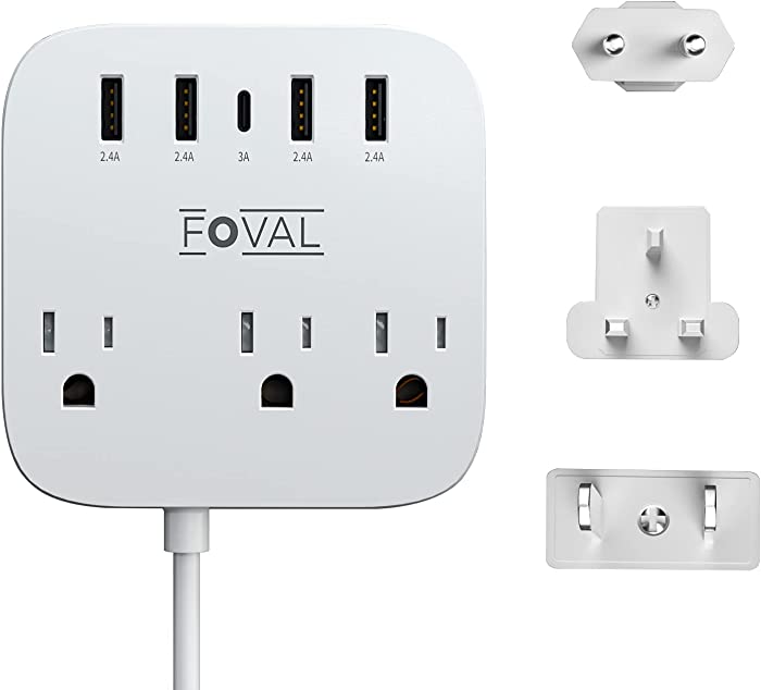 European Travel Plug Adapter, FOVAL EU/UK/US Power Strip with USB C and 4 USB Ports, 3 AC Outlets, Wall Mountable, 5ft Extension Cord, Compact for Travel, Cruise Ship, Home Office