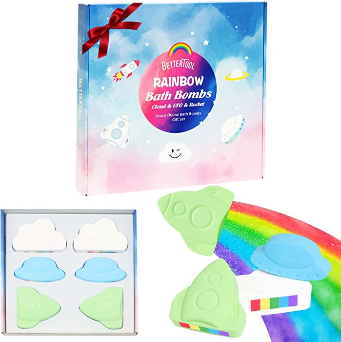 Rainbow Bath Bombs Gift Set, 6Pcs 4.5Oz Kids Space Theme Rainbow Bath Bombs, Large Handmade Rocket & Cloud & UFO with Rich Bubble & Natural Organic, Great Gift Set for Kids & Women & Holiday