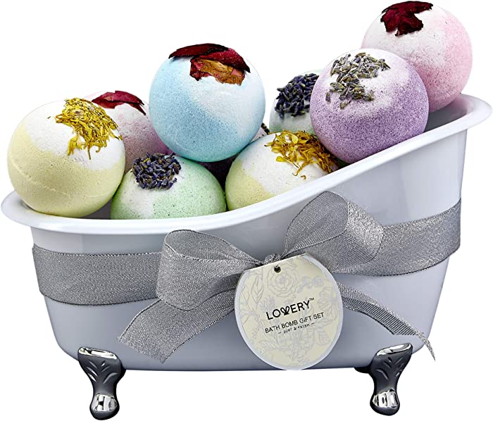 Bath Bombs Gift Set for Women and Men – 10 Oversized Two Tone Bath Fizzies with Shea & Coco Butter Dry Flower Petals – Rich Spa Bath Set in Cute Tub - Multiple Fragrances – Birthday Gifts