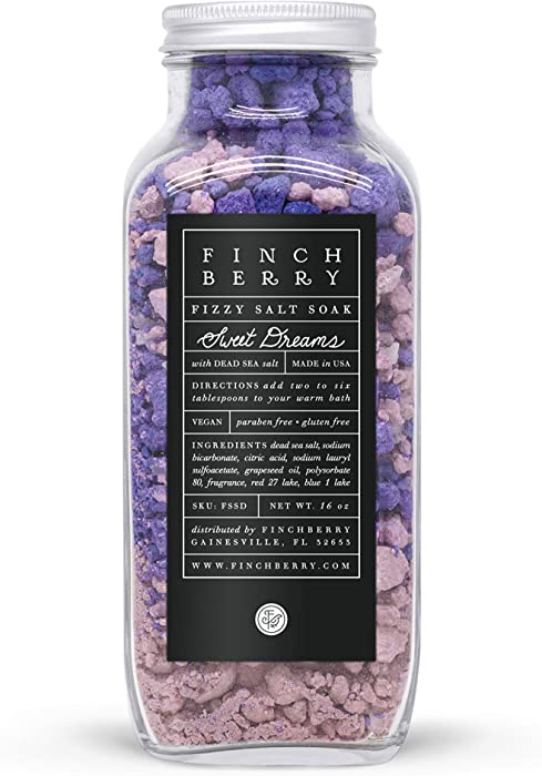 Finchberry Fizzy Bath Salt Soak (Sweet Dreams), Dead Sea Salts with Bath Bomb Effect for Relaxation and to Ease Sore Muscles, Luxury Spa Aromatherapy Soak, 16 oz