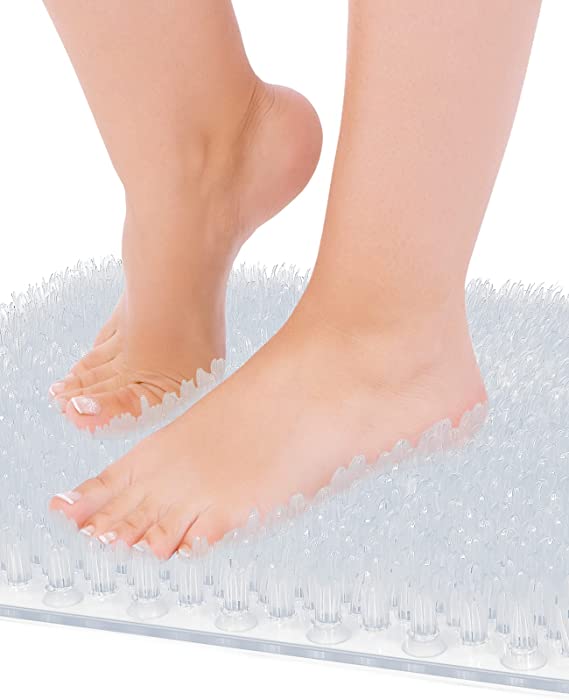 Non Slip Grassy Bathtub Mat : 25.6X13.4 Inches Sturdy But Soft Bath Mat _Quick Drain Shower Floor Mat with Soft Bristles for Scrubbing Feet (Clear)