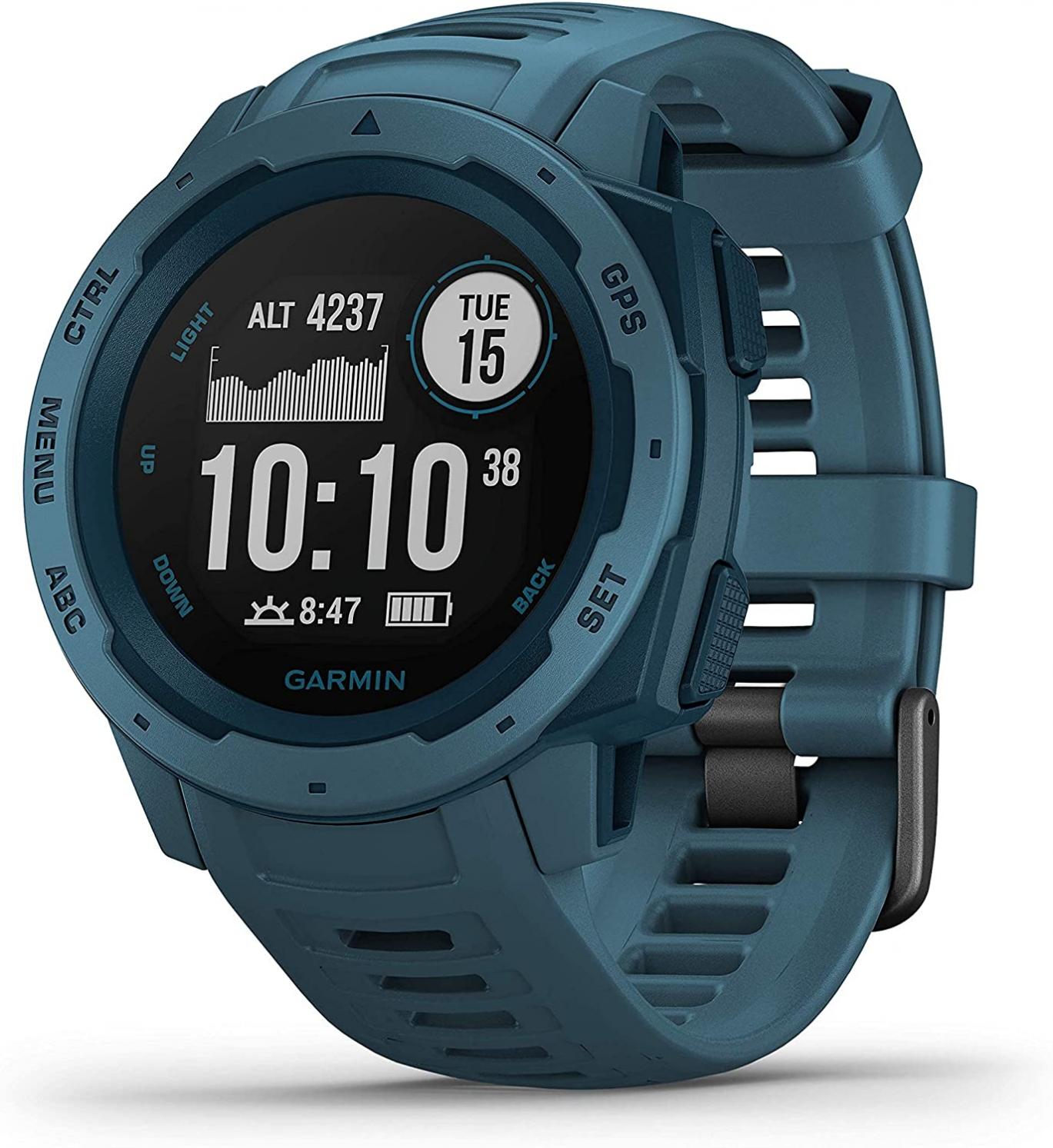 Garmin Instinct, Rugged Outdoor Watch with GPS, Features GLONASS and Galileo, Heart Rate Monitoring and 3-Axis Compass, Lakeside Blue (Renewed)