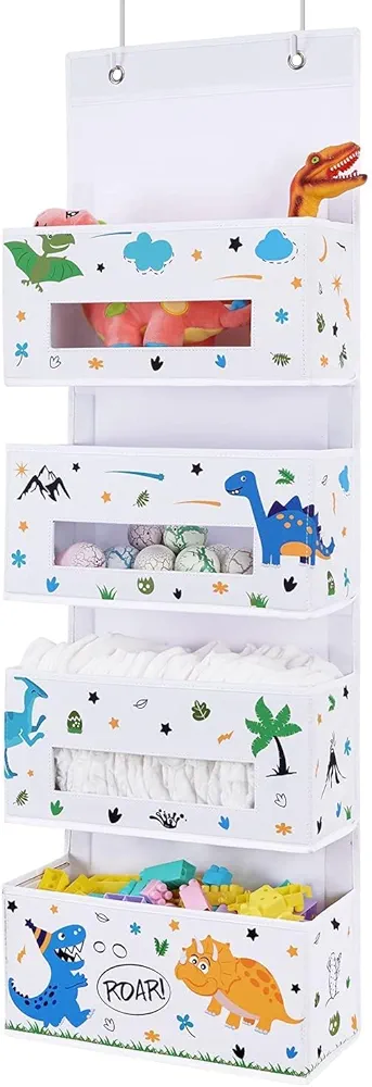 WERNNSAI Dinosaur Over Door Hanging Organizer - Behind Door Storage with 4 Clear Window Pockets for Baby Boys Room Organization Toy Diaper Closet Pantry Bedroom Bathroom Nursery Decor