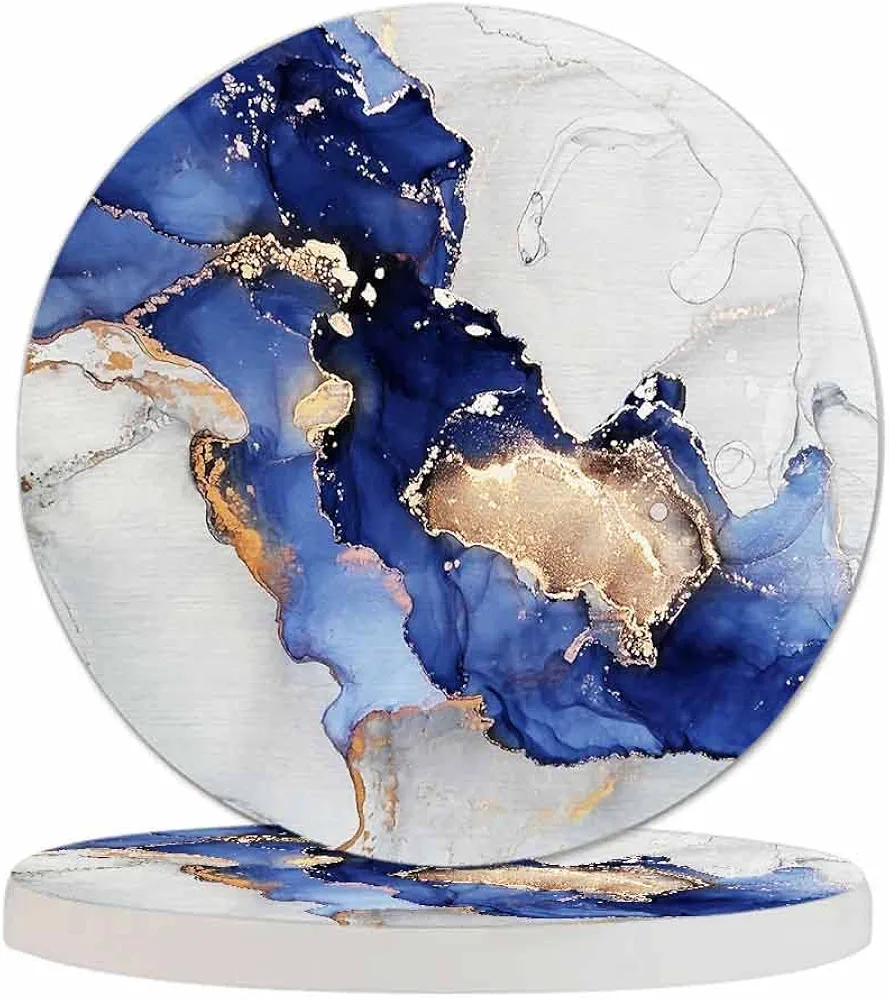 Blue and Gold Marble Coasters for Coffee Table Liquid Alcohol Ink Fluid Housewarming Presents for Women Men Home Decor Office Kitchen Living Room 2 Pcs