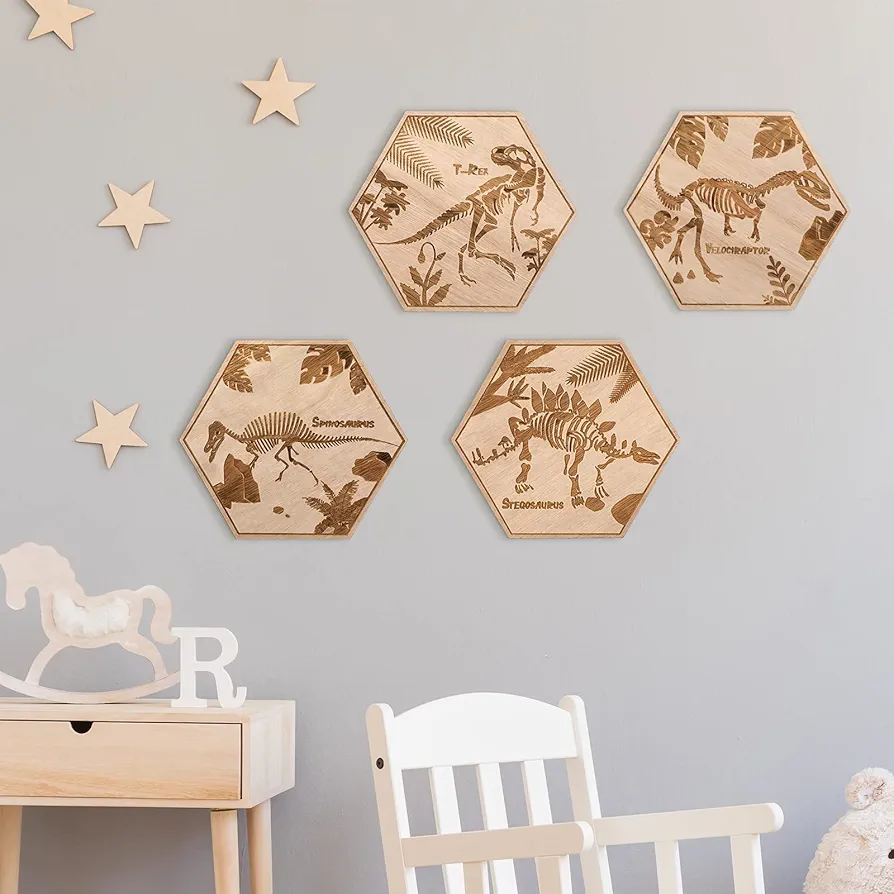 4 Pcs 5.1 x 5.9 Inches Dinosaur Wall Decor Wooden Dinosaur Art Decor Dinosaur Bedroom Decorations Modern Minimalist Design for Baby Boys Nursery Classroom Bedroom Playroom Living Room Decorations