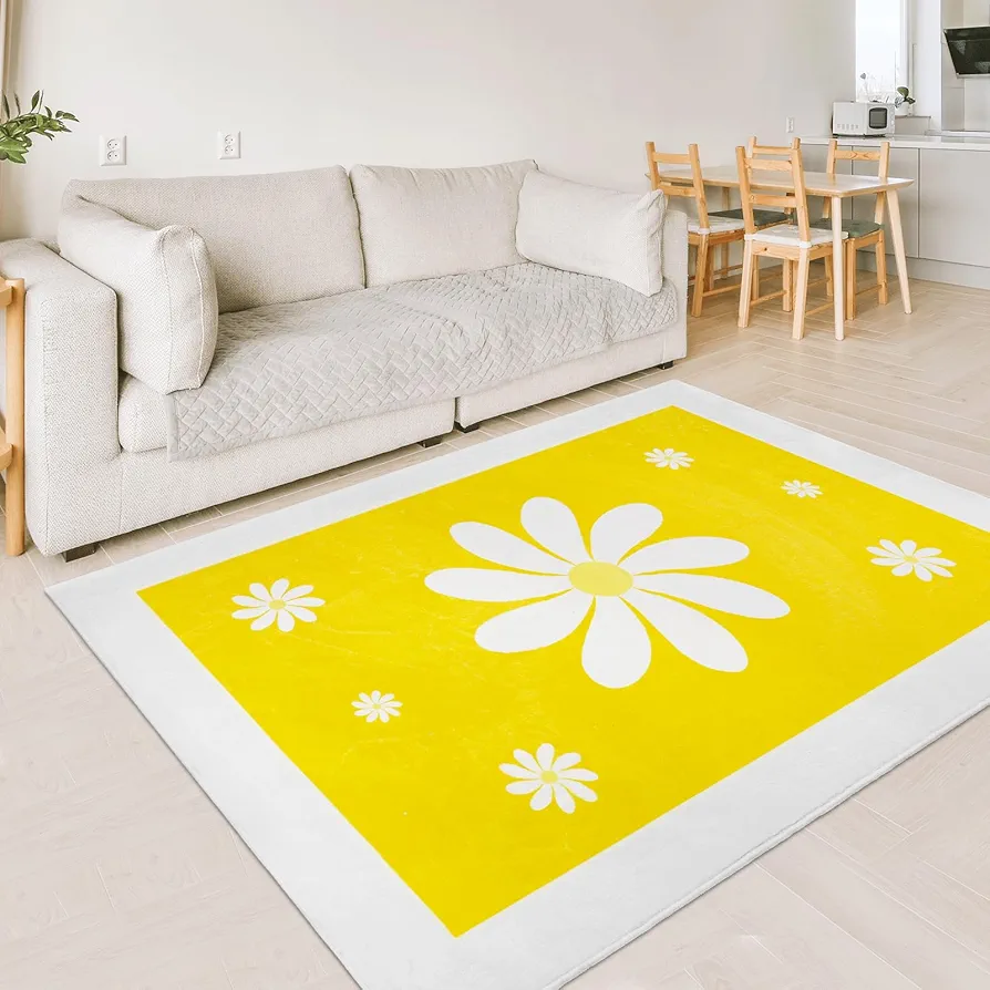 Fresh Daisy Flower Area Rug, 3.3 × 5 Ft Super Soft Microfiber Rectangular TPR Anti-Slip Backing Kids Carpet Low Pile Versatile Floor Mat for Bedroom Living Room Bathroom Indoor (Yellow)