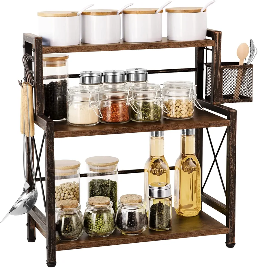 Lazy Susan Spice Rack Organizer with Wire Basket, 3-Tier Counter Shelf, Desktop Organizer with Engineered Wood, for Countertop, Kitchen, Dining Room, Office