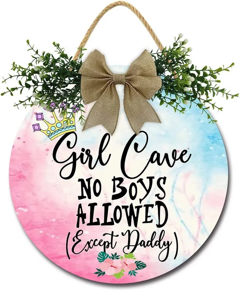 Girl Cave Sign, Girls Room Front Door Sign Baby Toddler Kids Bedroom Living Room Hanging Rustic Wood Farmhouse Nursery Toddler Room Decoration Girl Cave Round Door Hanging Sign 11"