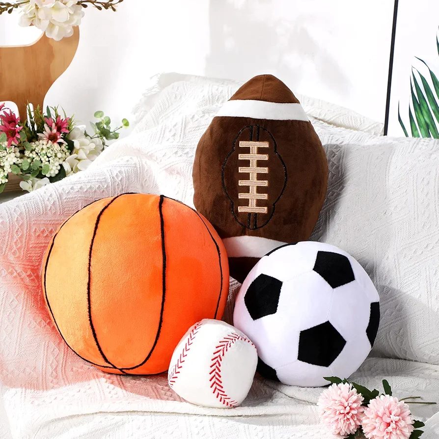 Sratte 4 Pcs Stuffed Sports Balls Toy Set, Soft Plush Basketball Soccer Ball Football Baseball Pillow Sports Shaped Throw Pillows Cute Cushion Pillow for Room Bedroom Decor Indoor Gifts