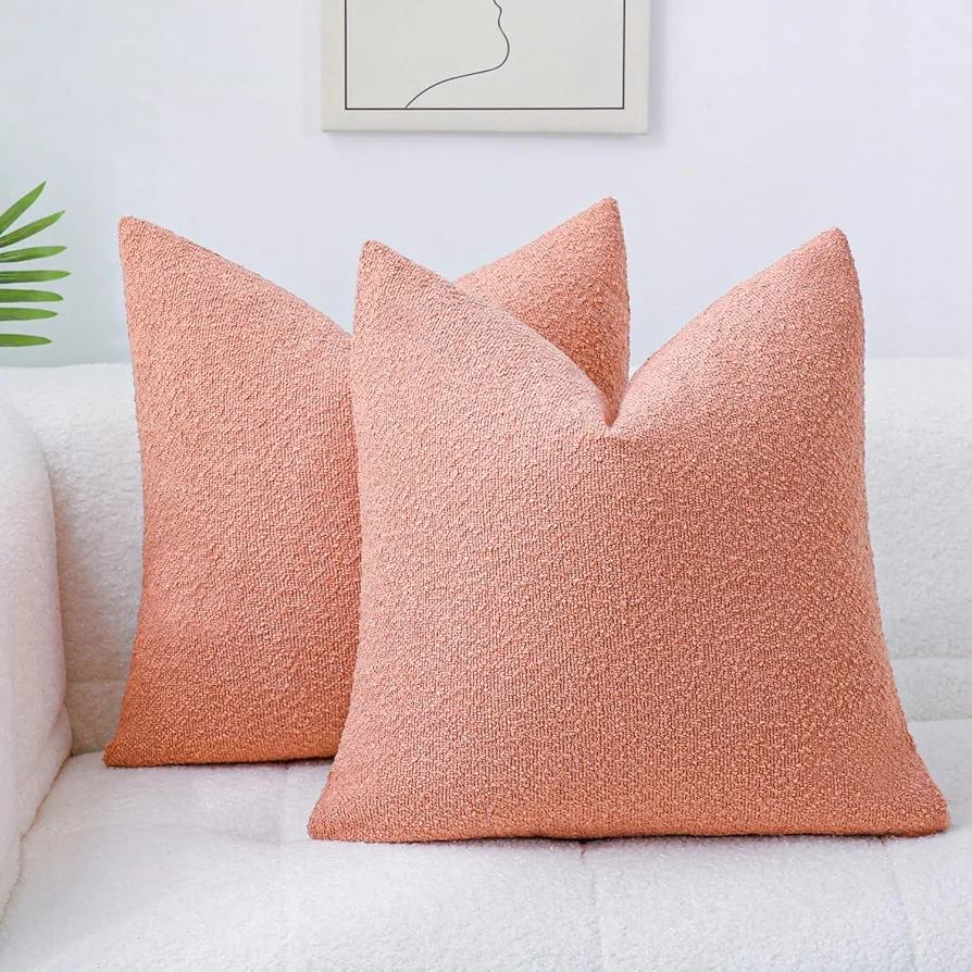 Artcest Set of 2 Decorative Boucle Like Square Throw Pillow Covers, Comfy Elegant Textured Zippered Cushion Cases for Couch Bed and Living Room Decor, 18"x18" (Coral)