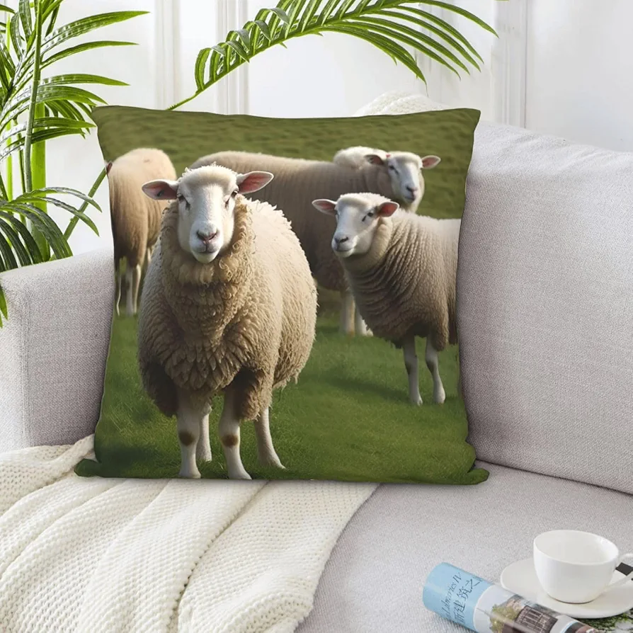 Decorative Throw Pillow Covers Square Pillow Covers for Sofa Sheep and Lambs Throw Pillow Cover Double Sided Plush Pillow Case 18""x18"" Cushion Case for Living Room, White