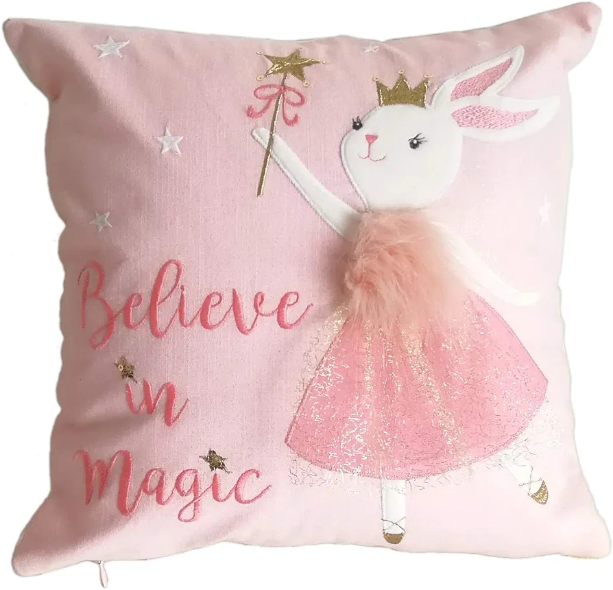 MON AMI Princess Bunny Decorative Pillow – 16”, Plush Stuffed Hugging Pillow, Decorative Cushion for Child’s Nursery, Bed or Couch, Cute Room Décor, Pink