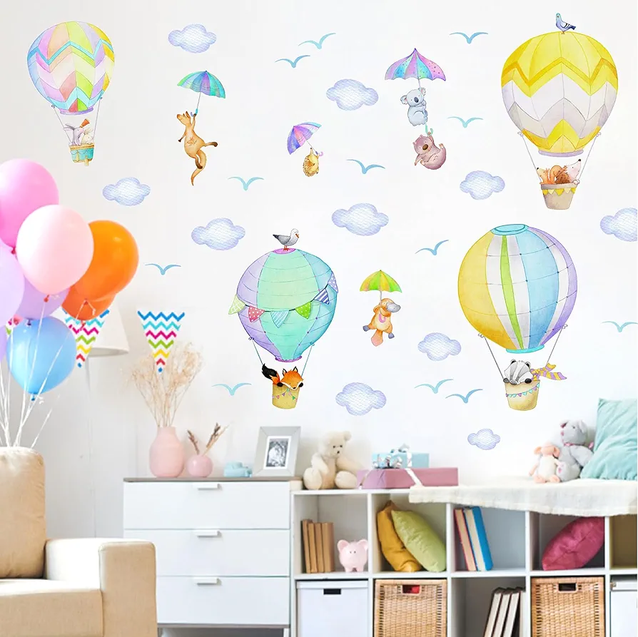 Animal Balloon Wall Stickers Large Hot Air Balloon Wall Decals Cartoon Animal Wall Decals Watercolor Clouds Fabric Wall Decal Peel And Stick Big Balloon Wall Decals for Nursery Kids Room Decor