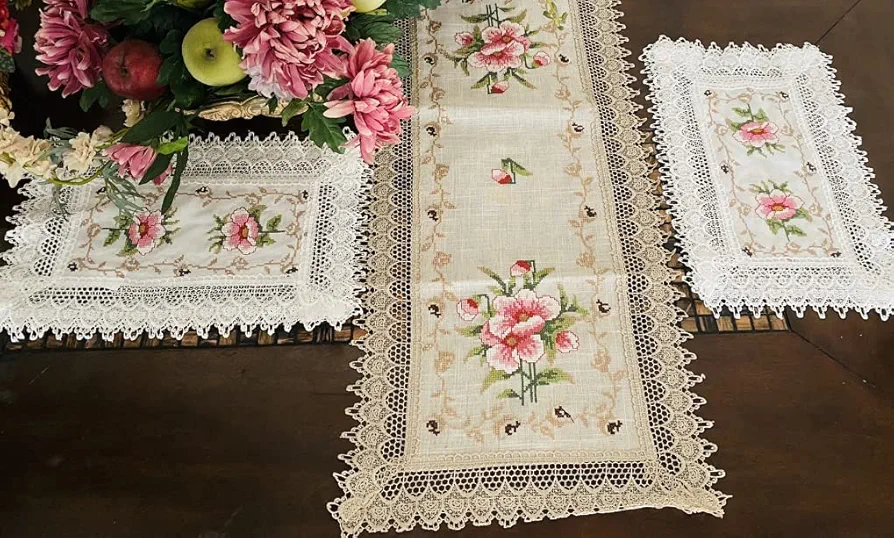 Birsppy AMT Vintage Venice Lace with Floral Cross Stitch Embroidered Linen Table Runner/Dresser Scarf - White/Beige (White, 12 x 18 OB.)