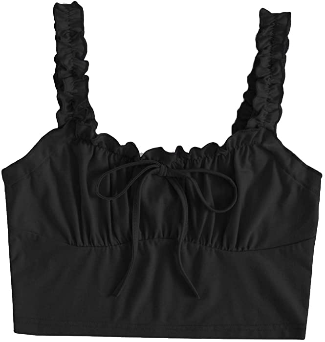 Verdusa Women's Frill Trim Strap Tie Knot Ruched Front Bustier Crop Top