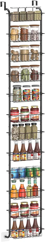 12-Tier Over the Door Pantry Organizer, Hanging Spice Rack, Pantry Door Storage with 12 Baskets, Behind the Closet Door Storage for Kitchen, Laundry Room and Bathroom black