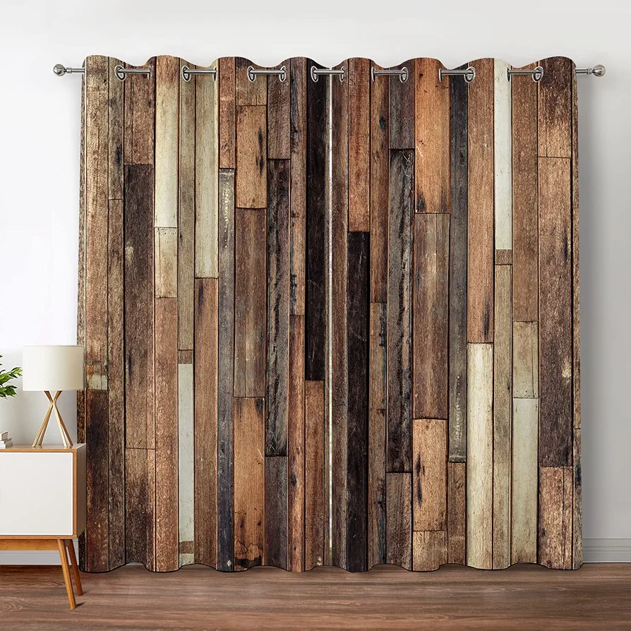 Jekeno Rustic Wooden Blackout Curtains Brown Wood Hardwood Floor Plank Board Door of Farmhouse Village Rural Lodge Retro Decor for Bedroom Living Room Grommet Window Drapes 2 Panel Set, 42"x84"