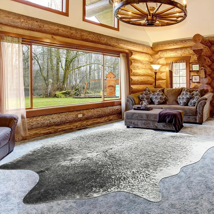 Faux Cowhide Rug for Living Room, 5.2 x 6.2 Feet Grey, Cow Print Skins Rug for Bedroom, Premium Faux Fur Animal Cow Hide Rugs Carpet for Western Decor