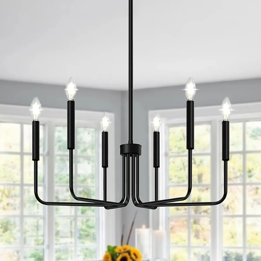 Black Chandelier, 6-Light Farmhouse Chandelier for Dining Room Lighting Fixtures, Height Adjustable Modern Chandelier for Bedroom, Living Room, Foyer, Kitchen, Entryway Hanging Light Fixture