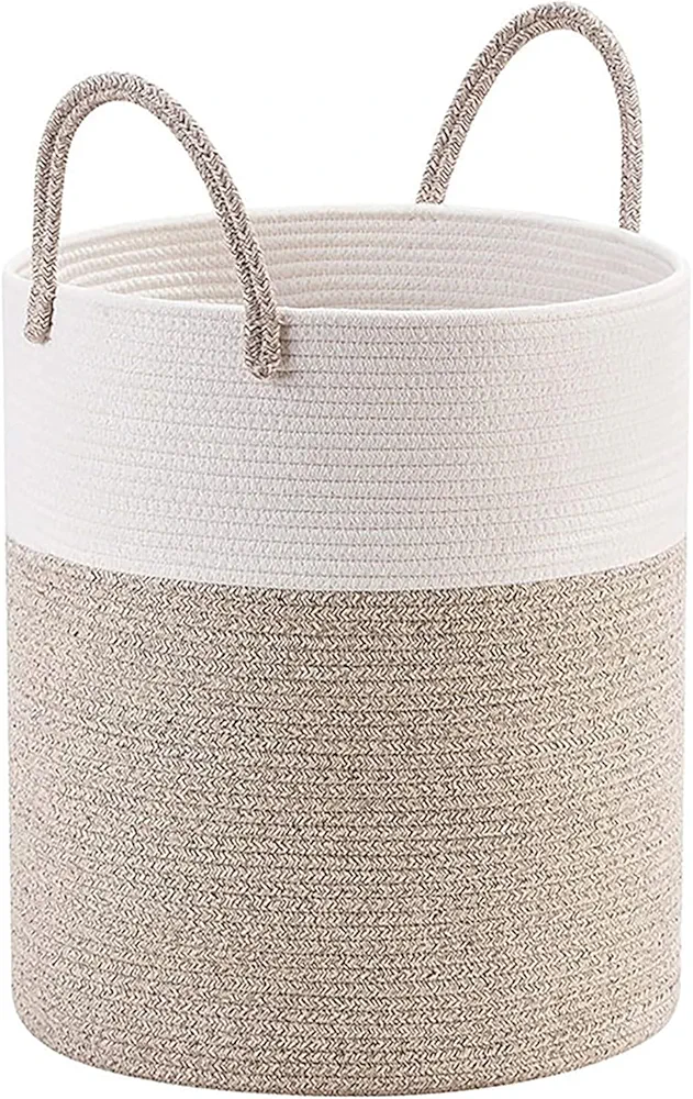 Cotton Rope Laundry Hamper, 58L - Collapsible Woven Clothes Storage Basket - Ideal for Blankets, Laundry Room, Bedroom Storage (Brown&White)