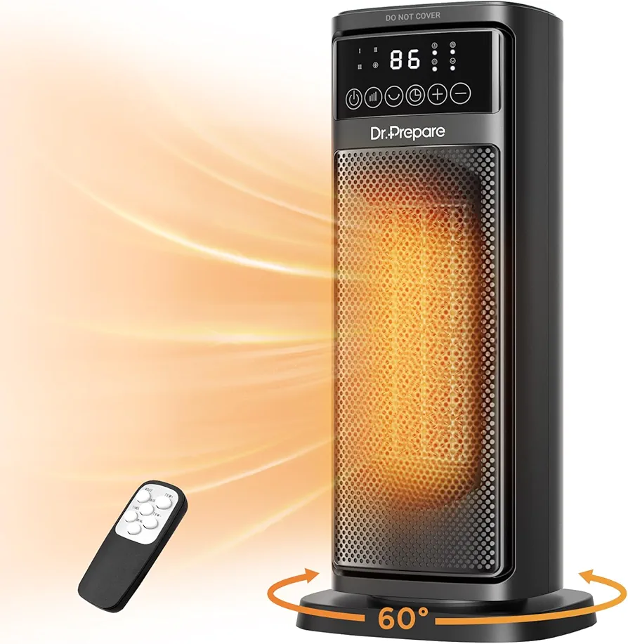 Dr.Prepare Space Heater for Indoor Use, 1500W Portable Electric Heater with ECO Thermostat & 60°Oscillation, 16'' Ceramic Tower Heater with Timer & Remote, Fast Heating, Safe for Bedroom Office Home