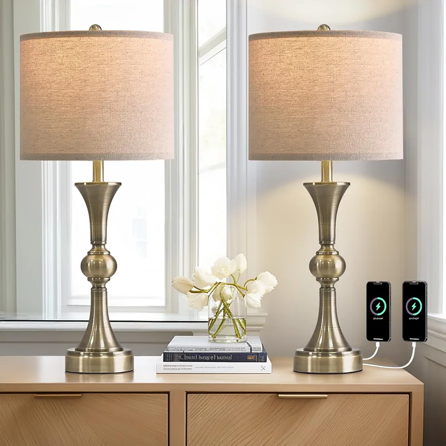 Oneach 28" Table Lamps for Living Room Set of 2, Bedside Lamps for Night Stands Bedroom Lamps Farmhouse Lamp End Table Bed Side Lamp with USB C+A Charging Ports (Antique Bronze)