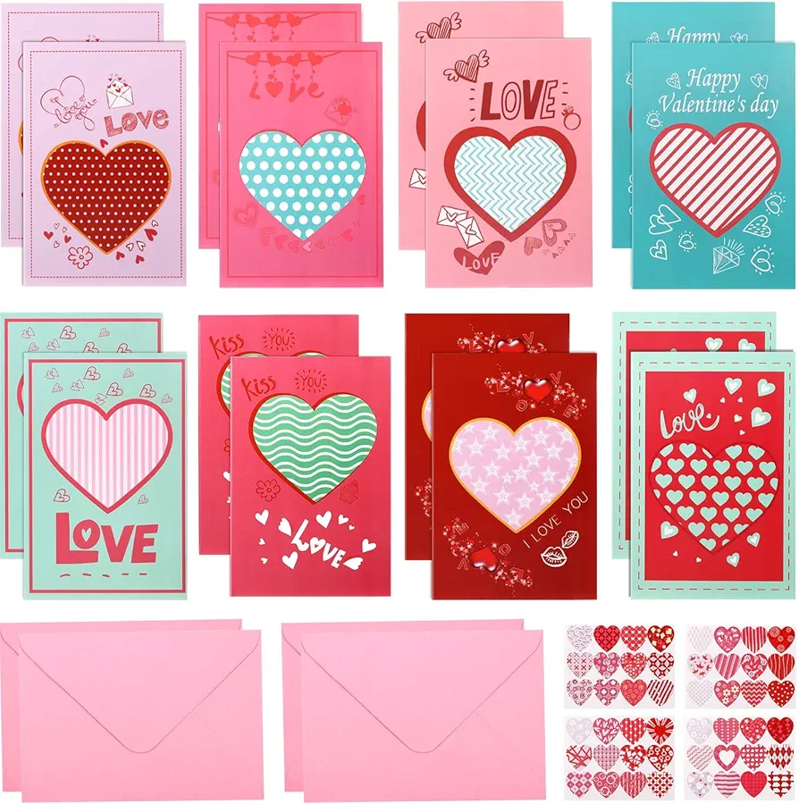 Noverlife 24 Sets Valentine's Day Cards with Envelopes & Stickers, Love Heart Happy Valentine Greeting Cards for Kids School Classroom Exchange, Valentine Note Cards Gift Cards Anniversary Love Cards