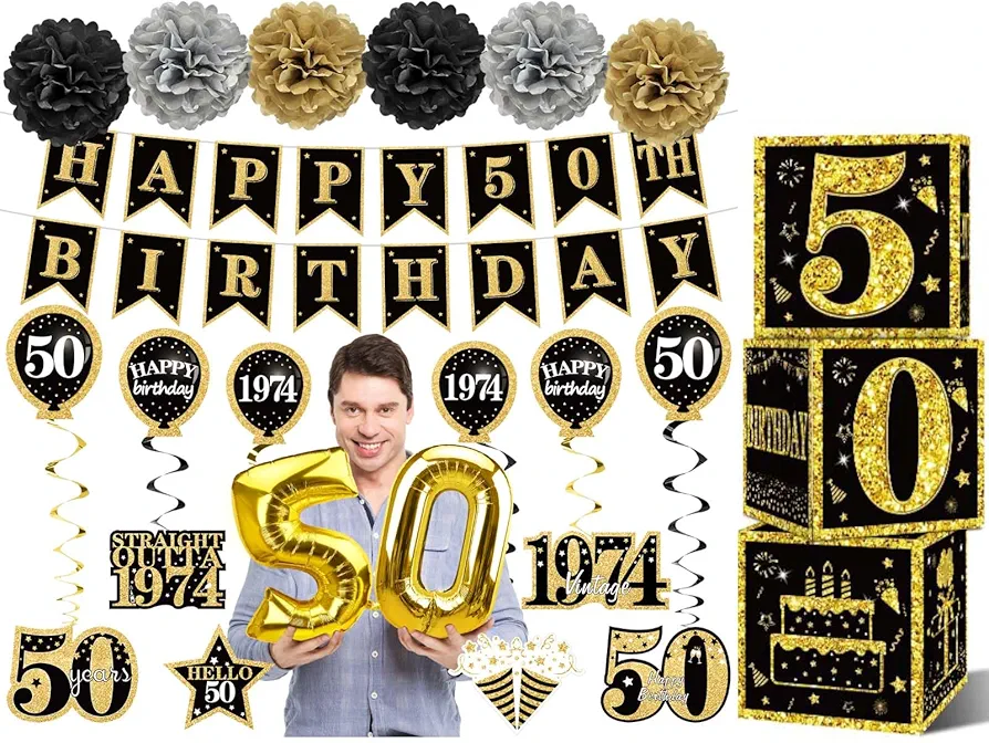 50th Birthday Decorations Boxes and Vintage 1974 Banner Hanging Swirls Party Supplies Kit