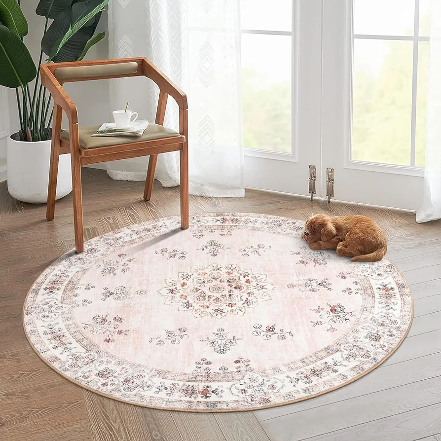 Lahome Washable Pink Round Rug 4ft, Soft Boho Circle Rug for Nursery and Girls, Small Floral Round Area Rug Non-Slip, Pastel Circular Carpet for Bedroom Indoor Floor Home Office Decor