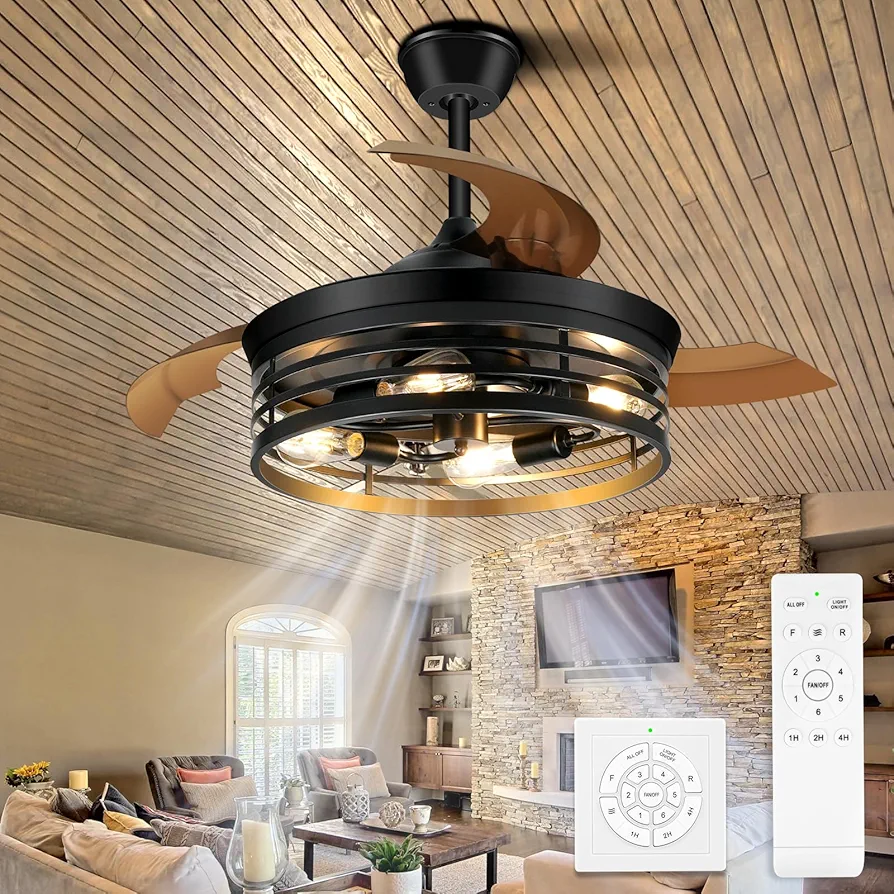 42Inch Retractable Ceiling Fans with Lights Remote Control Black Caged Ceiling Fans Farmhouse Vintage Industrial Ceiling Fan with Lights for Living Room Bedroom Kitchen Patio