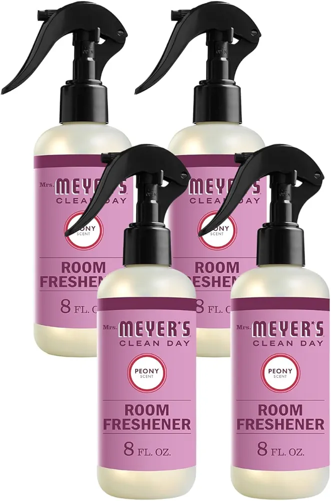 Mrs. Meyer's Room and Air Freshener Spray, Non-Aerosol Spray Bottle Infused with Essential Oils, Peony Scent 8 Fl Oz (Pack of 4)