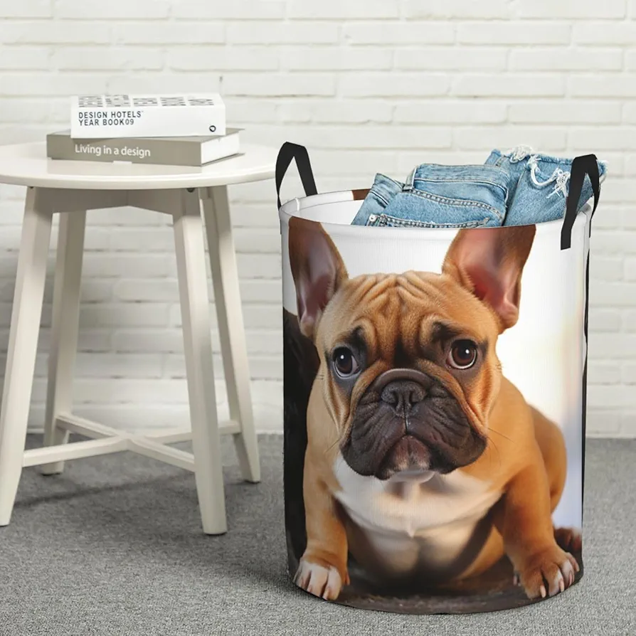 Laundry Basket Waterproof Laundry Hamper With Handles Dirty Clothes Organizer Cute French Bulldog Print Protable Foldable Storage Bin Bag For Living Room Bedroom Playroom, Small, Black