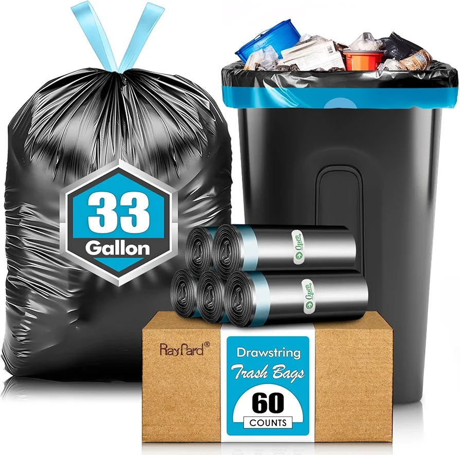 30-33 Gallon Large Drawstring Trash Bags 60 Counts Heavy Duty Tall Kitchen Garbage Bags, Large Trash Can Liners for Home, Office, Light Residential Waste Outdoor Lawn and Leaf Bags, Black