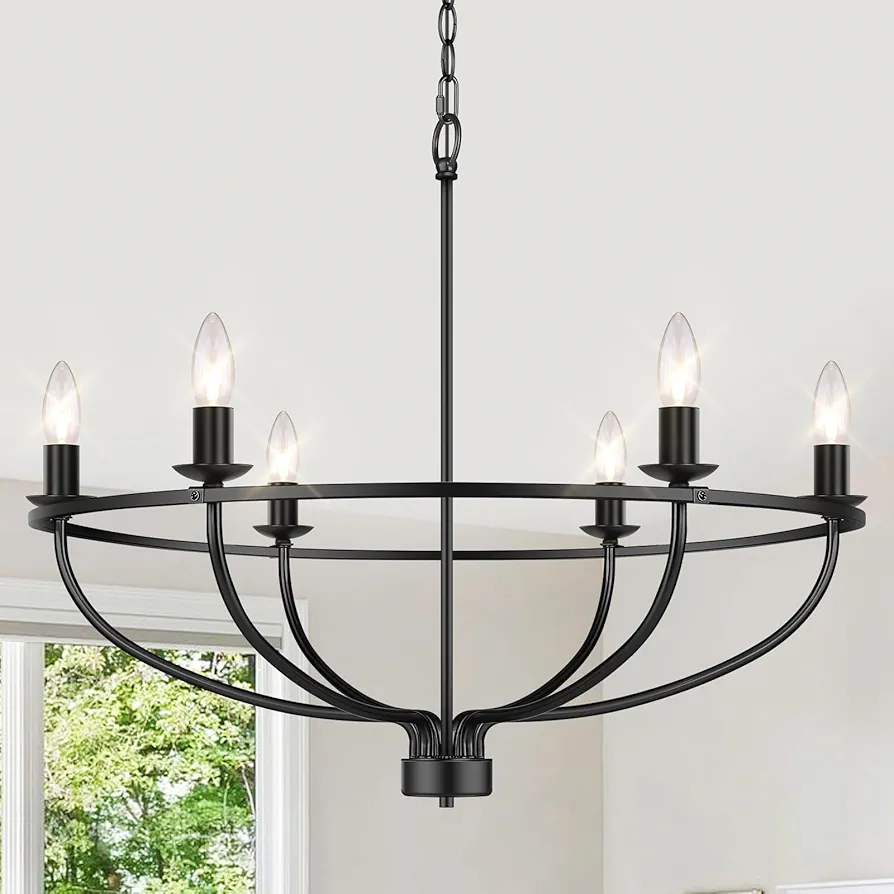 6-Light Black Chandelier Light Fixture,Farmhouse Dining Room Light Fixture Over Table,Industrial Chandelier Adjustable Height E12 Base, 29in Modern Metal Candle Ceiling Hanging for Kitchen Living Room