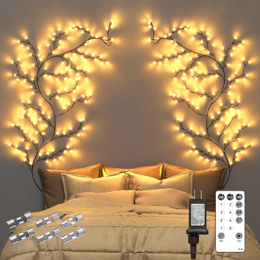 Enchanted Willow Vine Room Decor: 7.5Ft Home Decorations Flexible Fairy Lights with Remote Control, 144 LEDs Twinkle Tree Lighted Branches for Wall Bedroom Living Room (2 Pack)