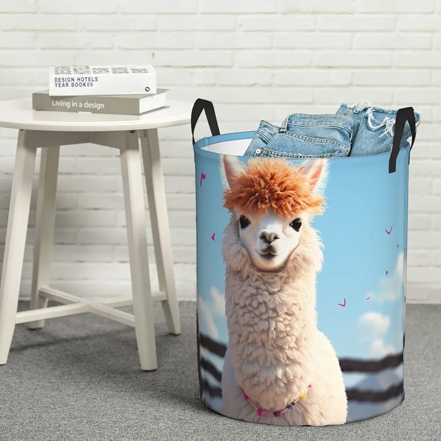 Laundry Basket Waterproof Laundry Hamper With Handles Dirty Clothes Organizer Cute Alpacas Print Protable Foldable Storage Bin Bag For Living Room Bedroom Playroom, Medium, Black