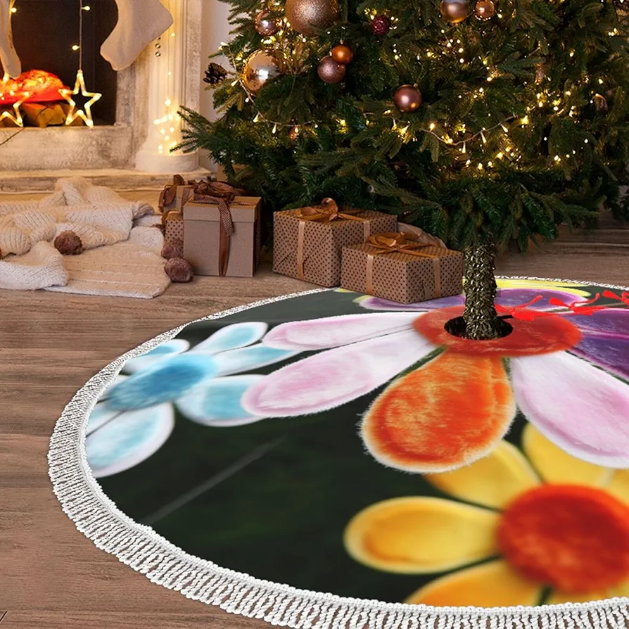 Christmas Tree Skirt with Tassel Daisy Flower Colorful 48" Xmas Tree Skirts Tassel Tree Mat Ornament for Home Indoor Outdoor Room Holiday Decoration