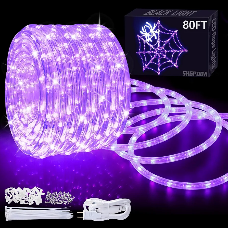 80ft LED Black Light Rope Lights Strip Waterproof 864 LEDs Flexible Cuttable Blacklight Strip 110V Connectable for Glow Party Birthday Halloween Stage Fluorescent Party Home Decoration