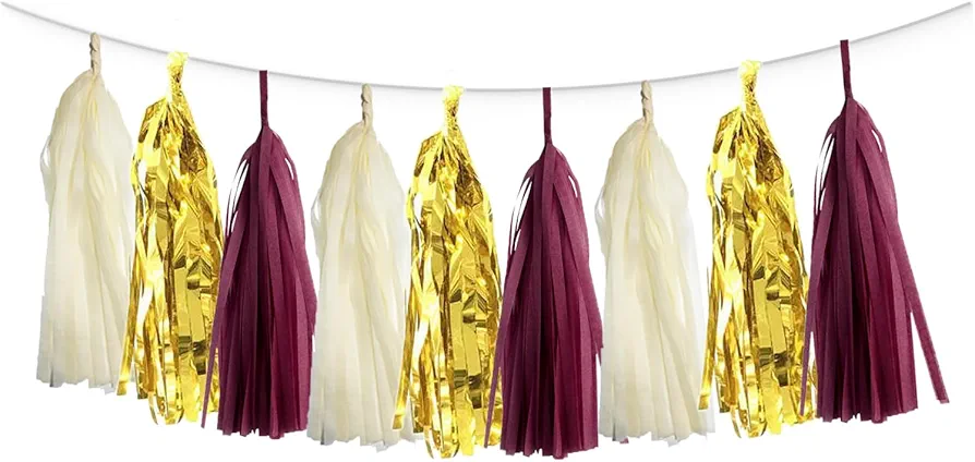 15PCS Burgundy Maroon Gold Beige Party Tissue Tassel Garland Hanging Banner Streamers Graduation Fall Bridal Baby Shower Wedding Birthday Nursery Classroom Décor