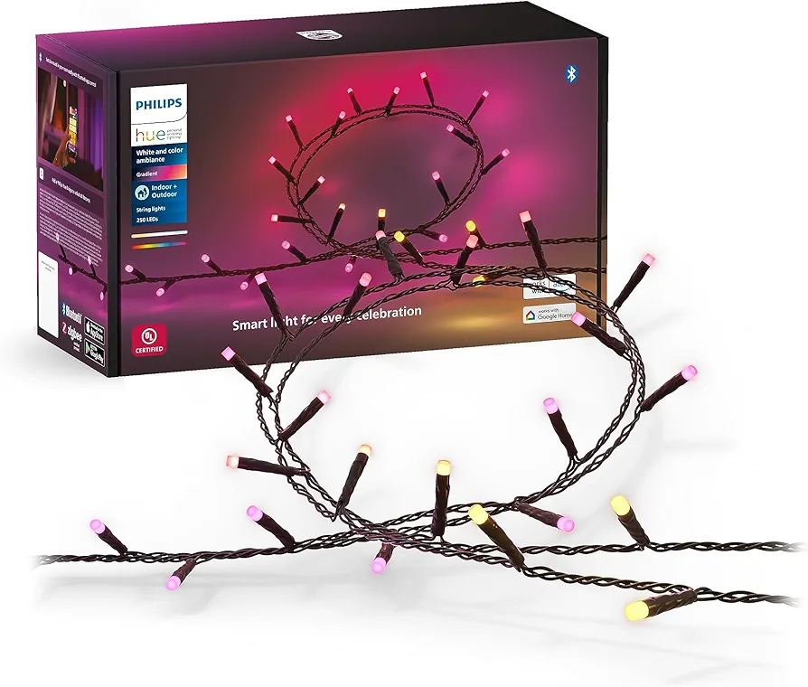 Philips Hue Indoor/Outdoor Holiday 65-Foot Festavia String Lights - 250 Mini Color Changing Smart LEDs - Weatherproof - Control with Hue App - Works with Alexa, Google Assistant and Apple HomeKit