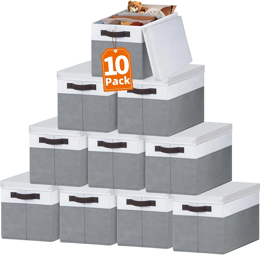 Criusia 10 Pack Large Storage Bins with Lids - 23 QT Stackable Closet Organizers and Storage Baskets for for Organizing Clothes Toys Blanket - Shelves Storage Containers Box for Room Organization