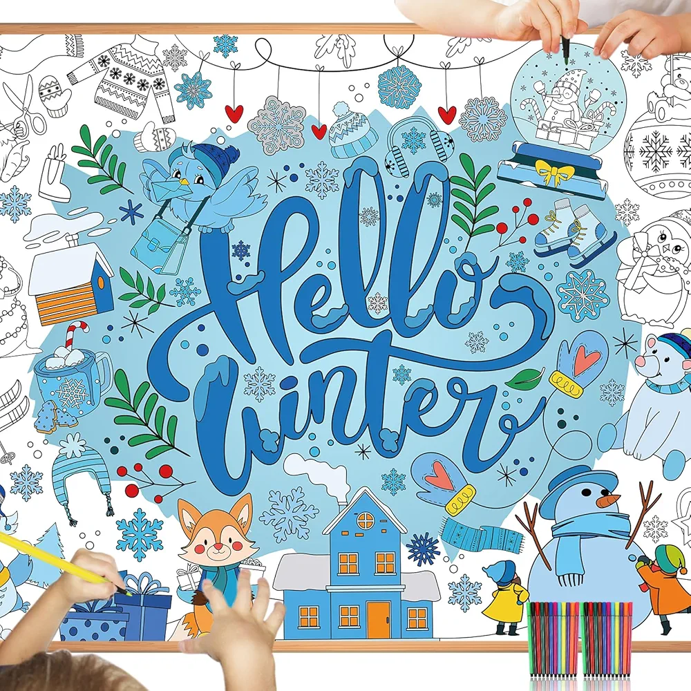 HOWAF Winter Snowflake Giant Coloring Poster with 24 (12 Colors) Paint Pens, Hello Winter Scenes Large Coloring Tablecloth Snowflake Huge Table Cover for Kids Classroom Home Holiday Party Favor