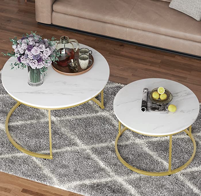 Yechen Coffee Table for Living Room, Set of 2 Modern Nesting Side Coffee Tables, Contemporary Accent Coffee and Snack End Table for Living Room,31 inch, White Table Top with Gold Metal Frame