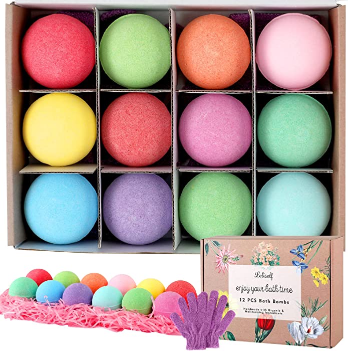 LELISELF 12 Pcs Organic Bath Bomb, Rich in Pure Essential Oils, Shea Butter, Bubble Bath Spa Fizz Moisturize Dry Skin, Christmas Birthday Valentines Mother's Gifts(12 pcs Solid Colors 3oz/pcs)