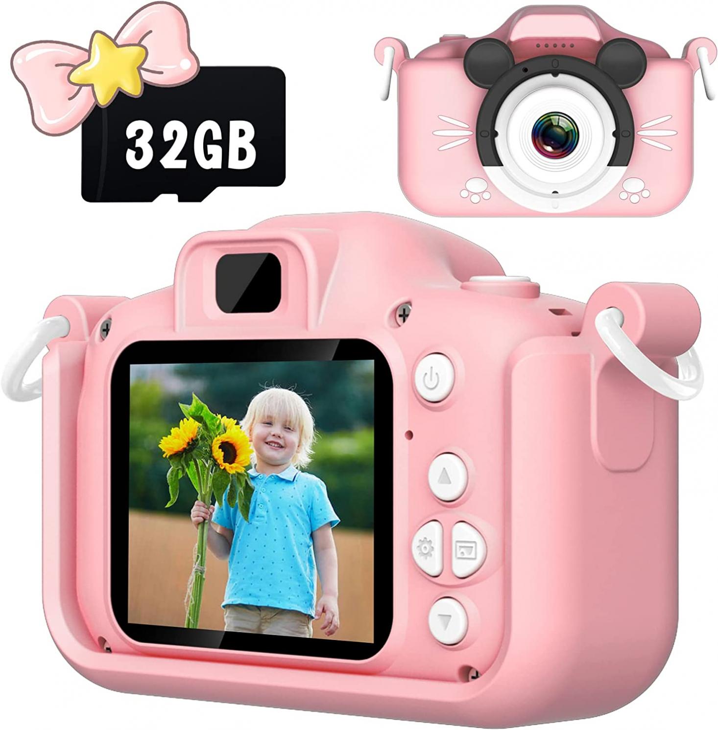 Saneen Kids Camera, 40MP & 1080P HD Digital Camera for Kids Ages 2-9, 4X Zoom Toddler Kids Toy Camera for 2 3 4 5 6 7 8 9 Year Old Girls Boys Christmas Birthday Gifts with 32GB TF Card (Pink Mouse)