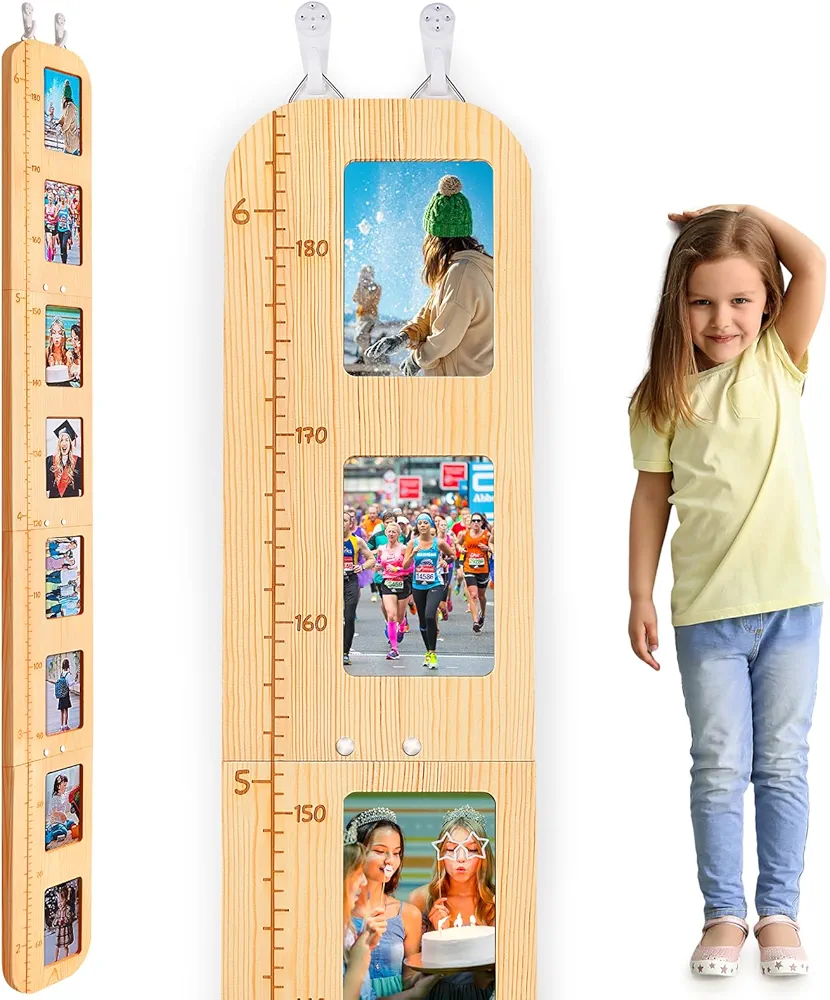 Basumee Growth Chart for Kids, Wood Height Chart for Kids with Photo Frames Height Measurement for Wall Girls Boys Teen Room Wall Decor