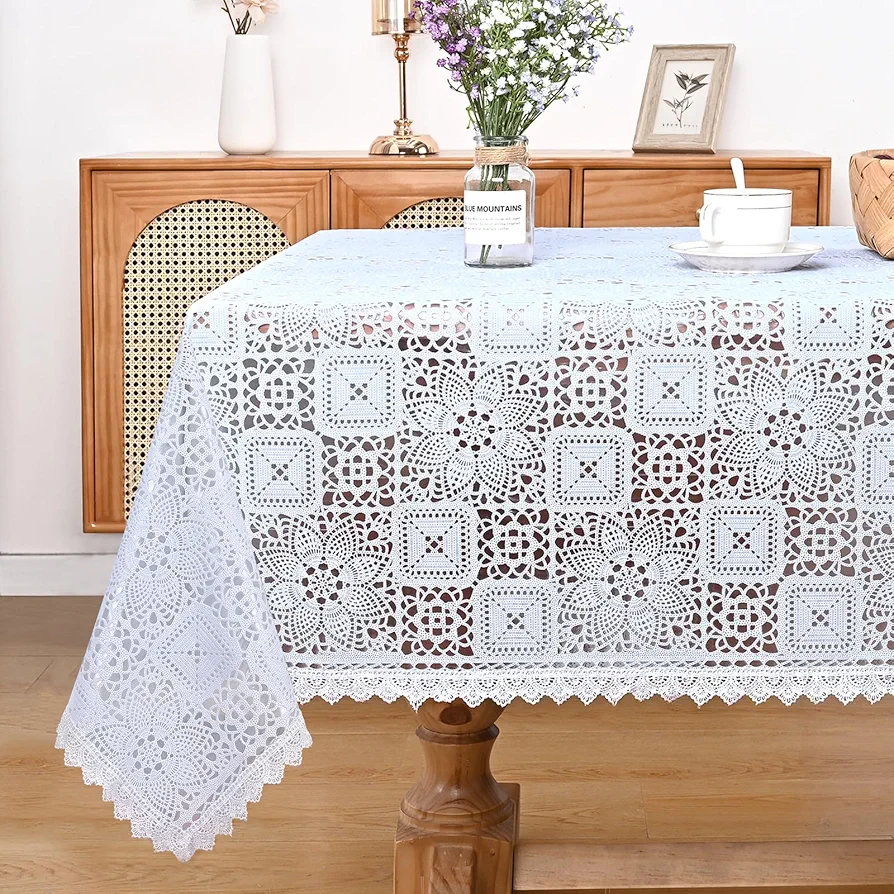 Likiyol White Vinyl Tablecloth, Rectangular Lace Tablecloth, Heavy Duty Vinyl Table Cloth, Stain-Resistant Wipeable Table Protector for Kitchen and Dining Room, 55 x 84 Inch