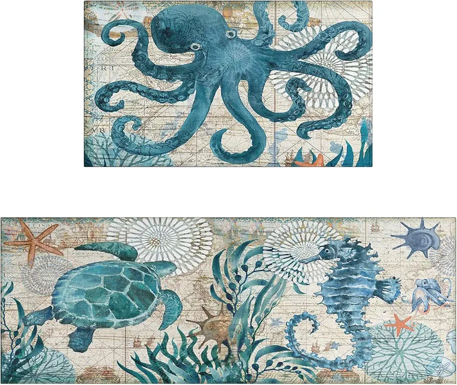 Faptoena Turtle Octopus Kitchen Rugs and Mats Sets of 2,Sea Life Bath Kitchen Decoration Non-Slip Absorbent Mat for Sink Waterproof Runner Rug for Laundry Room,17x30+17x48inch